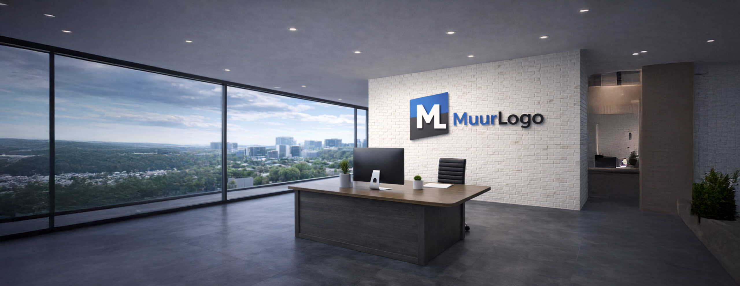 Impressie: modern kantoor met muurlogo
